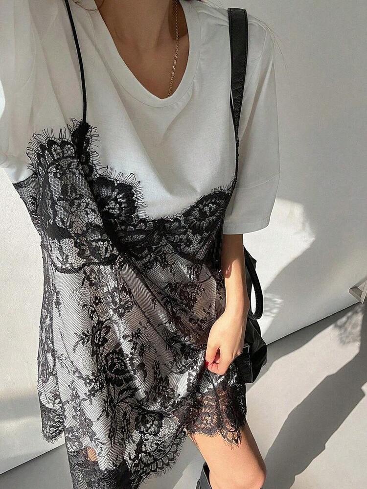 Vestido de verano de mujer de 2 en 1 con parches de encaje sin mangas y de manga corta - Blanco 2 - Añade 6