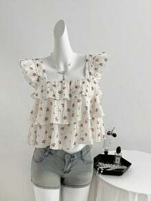 Blusa de mujer con patrón de cuadros arrugados, lunares negros, diseño suelto de mangas con volantes - Multicolor - Ver 4