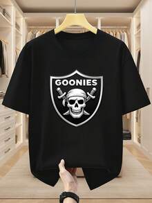 Camisetas de talla grande para hombre, 100% algodón, con estampado de calavera y escudo, cuello redondo, manga corta, con la inscripción GOONIES, estilo pirata, camiseta cómoda e informal de manga corta para el verano. - Negro - Ver 1