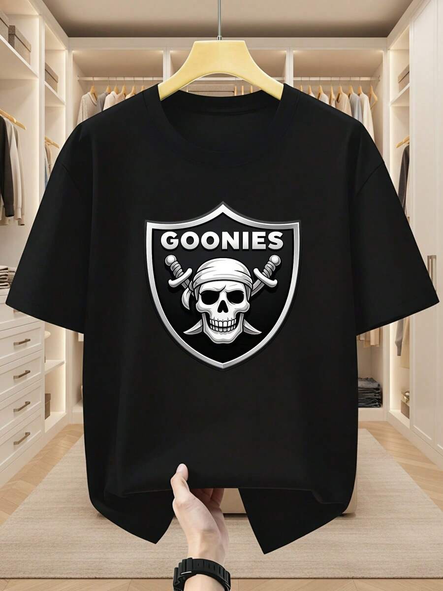 Camisetas de talla grande para hombre, 100% algodón, con estampado de calavera y escudo, cuello redondo, manga corta, con la inscripción GOONIES, estilo pirata, camiseta cómoda e informal de manga corta para el verano. - Negro - Ver 1
