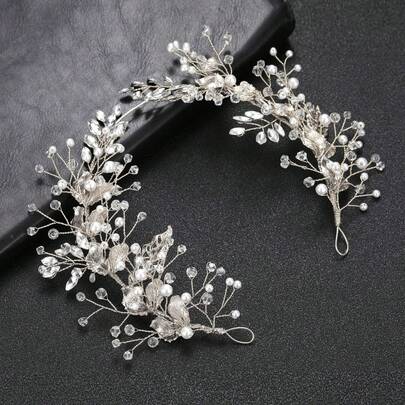 1 chiếc băng đô cài tóc cho nữ kiểu lá, hợp kim, đính ngọc trai và đá pha lê, chất liệu mềm mại, thích hợp cho