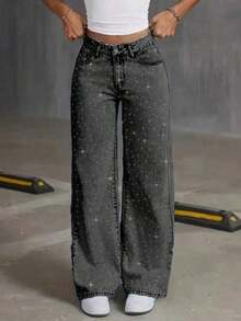 Jeans de pierna ancha con adornos de strass con estampado de estrellas, casuales para primavera - Negro - Ver 2