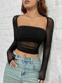 Playera De Malla Negra Y Ajustada Para Mujer - Negro - Ver 4