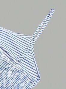 Nuevo diseño de verano/primavera de moda casual vintage estilo americano, camisa de lino azul difuminado con pliegues, abertura y cintura ceñida, vestido línea A para uso diario y vacaciones, diseño único y encantador para mujeres - Azul y blanco - Ver 6