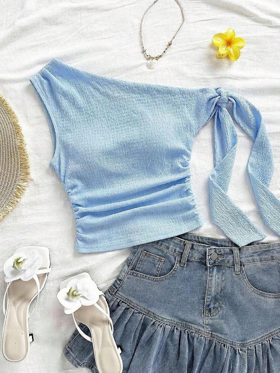 Top ligero de mujer con cuello asimétrico y tirantes de lazo, adecuado para fiesta, vacaciones, festival de música, estilo bohemio, cita de vacaciones, té de la tarde, top corto verde, elegante, campestre, chic, salir, tops para mujeres, Halloween, otoño, blusas casuales para mujer, fiesta - Celeste - Ver 1