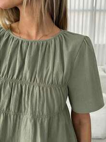 Camisa casual de mujer de unicolor, cuello redondo, manga corta y plisada - Verde - Ver 6