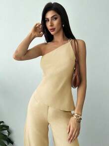 Nuevo conjunto de verano elegante de vacaciones de 2 piezas de lino, con top de cintura fruncida y espalda descubierta de dobladillo asimétrico en color albaricoque y pantalón largo de cintura alta - Amarillo claro - Ver 7