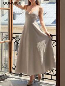 Vestido midi elegante de mujer con cuello en V, vestido de tirantes de mezcla de lino con corte evasé y espalda descubierta, adecuado para vacaciones, playa, boda, fiesta de cóctel - Blanco marfil - Ver 4