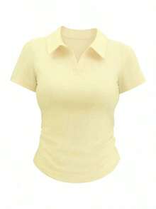 Camiseta de manga corta minimalista de unicolor para mujer, uso casual de todos los días - Amarillo claro - Ver 1