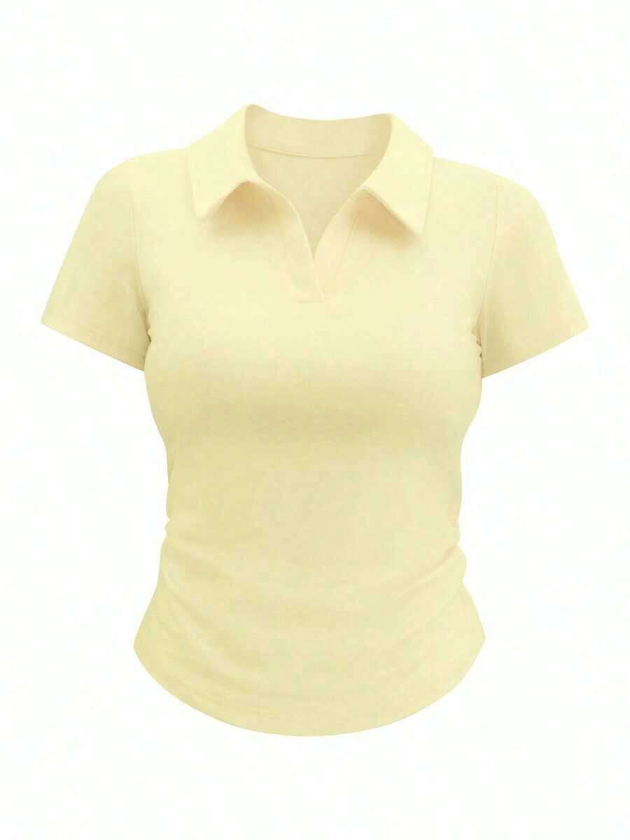 Camiseta de manga corta minimalista de unicolor para mujer, uso casual de todos los días - Amarillo claro - Ver 1