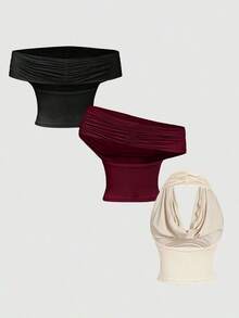 Set de 3 blusas de mujer de unicolor con pliegues, versátiles y de moda, para otoño/invierno, Navidad, Año Nuevo, hombros descubiertos, estética, festivales, campo, vacaciones en la playa, té, modestas, baile de graduación, lindas - Multicolor 5 - Ver 2