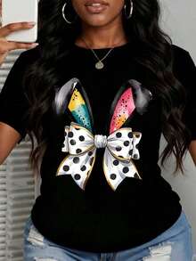 Camiseta Casual de Verano para Mujer, 100% Algodón Puro, con Cuello Redondo, Estampado de Orejas de Conejo y Lazo de Lunares, Ideal para Fiestas y Festivales, Opción de Regalo - Negro - Ver 6