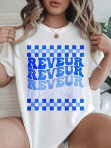 Camiseta Casual de Mujer con Diseño de Patrón Repetido a Cuadros Azules, Adecuada para Todas las Temporadas  
 Negro - Blanco - Ver 7