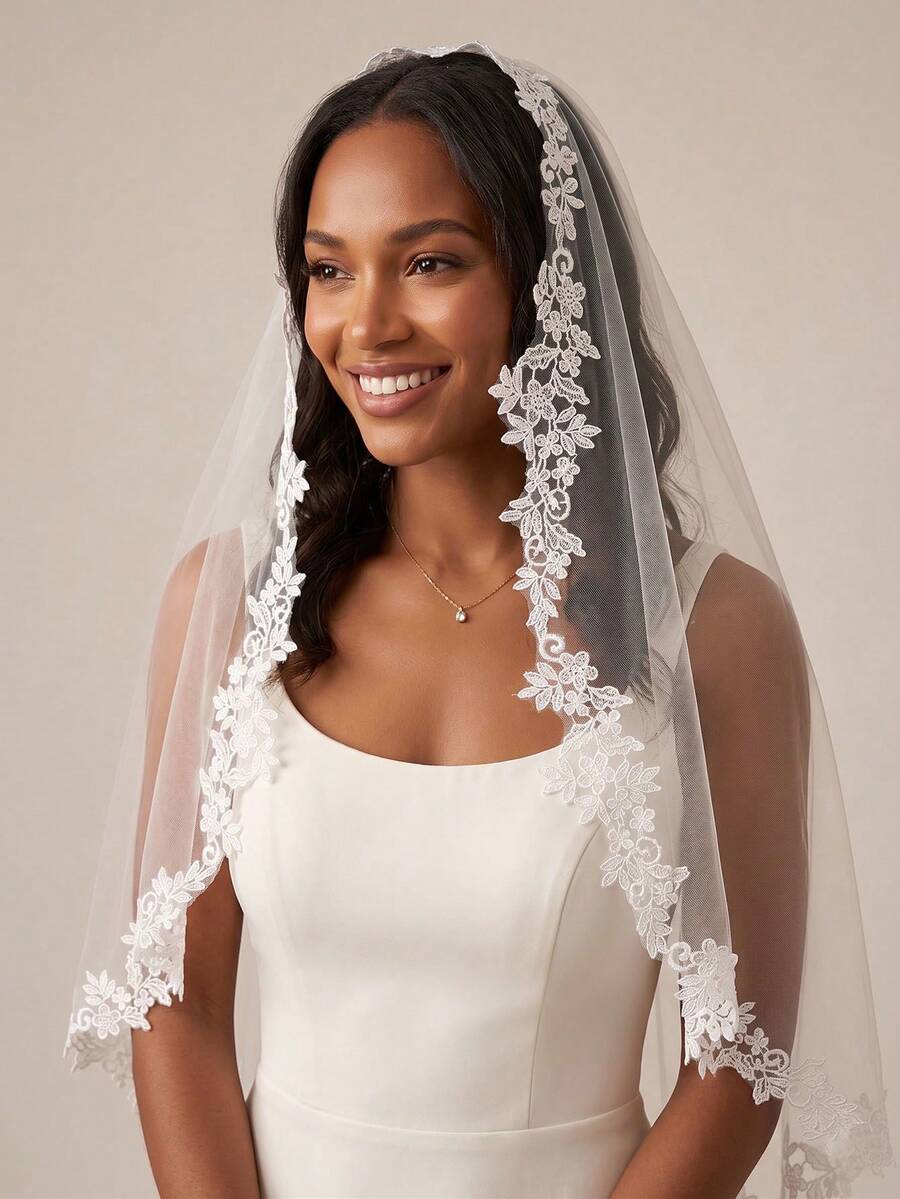 1pc Bridal Lace Trim Fingertip Length Wedding Veil With Comb, White/Ivory,Elegant,Party - Multicolor - View 1