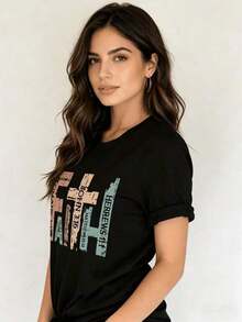 TrendySummer Casual Crew Neck T-Shirt, Christian T-Shirt, Bible Verse T-Shirt, Christian Religious T-Shirt, Retro Faith T-Shirt, Christian Cross Pattern T-Shirt, Slim Fit Short Sleeve T-Shirt For Everyday Wear - 黑色 - 查看 5
