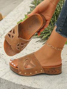 2026 Summer New Retro Distressed Faux Wood Grain Brown Thick Sole Casual Sandals, Rivet Decor Outdoor Fashion Platform Wedge Slippers, Matte Comfortable High Heel Slides For Daily, Vacation Wear - Brown Frosted - Geometric Cutout - View 2