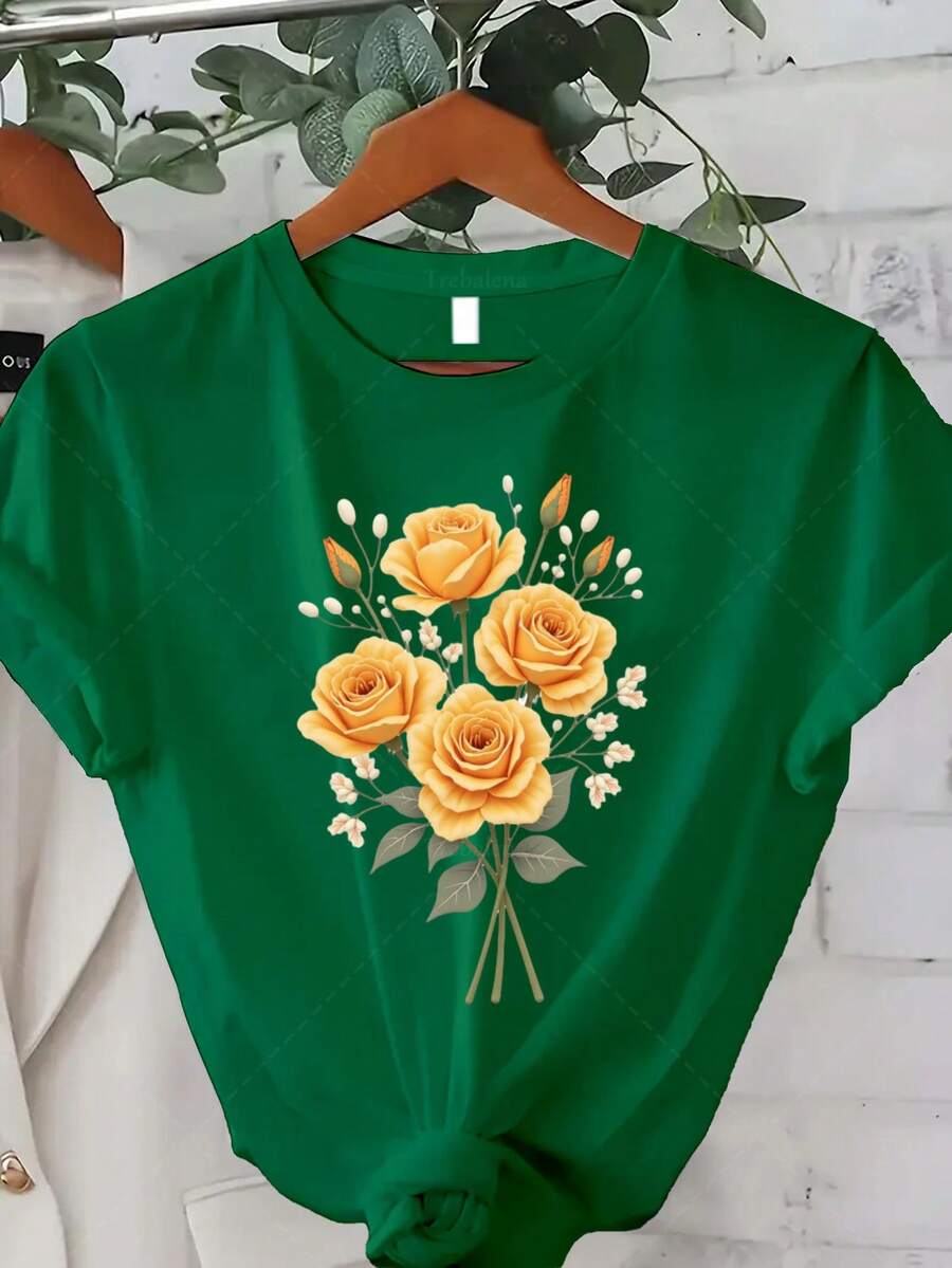 Classic Plus Size - Talla Grande - Camiseta de talla grande para mujer con estampado de rosas amarillas, perfecta para uso casual en verano. Este elegante top de estilo bohemio presenta un diseño de estampado moderno, con cuello redondo y mangas cortas. Más vendido - Verde - Ver 1