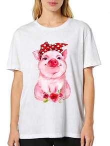 Camisetas de Algodón de Tallas Grandes para Mujer – Tops Casuales de Manga Corta, Corte Holgado y Suave. Estampados Populares para Amantes de los Cerdos: Cara de Cerdo, Tocado de Leopardo, Cerdo con Flores y Cerdo con Rosas. Cómodas de Usar, Transpirables y Confortables. - Blanco - Ver 1