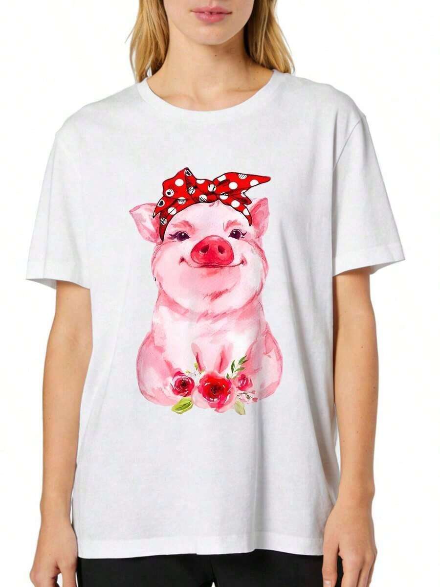 Camisetas de Algodón de Tallas Grandes para Mujer – Tops Casuales de Manga Corta, Corte Holgado y Suave. Estampados Populares para Amantes de los Cerdos: Cara de Cerdo, Tocado de Leopardo, Cerdo con Flores y Cerdo con Rosas. Cómodas de Usar, Transpirables y Confortables. - Blanco - Ver 1