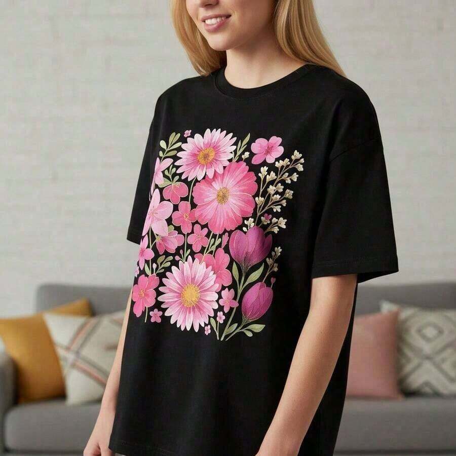 Camiseta de algodón de talla grande para mujer, tallas S-5XL, con estampado floral rosa, manga corta, cuello redondo, estilo casual, corte holgado, cómoda para el verano, blusa básica para uso diario, tela suave y transpirable, diseño botánico, transpirable y cómoda. - Negro - Ver 1