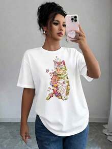 Playera Estampada con Diseño de Flores Silvestres y Gatos, Playeras Básicas de Tallas Grandes para Mujer, Playeras Casuales de Manga Corta, Esenciales Ligeras para el clóset de Verano - Blanco - Ver 12