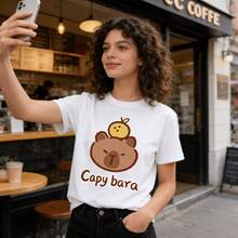 Tops para mujer de algodón de manga corta con cuello redondo y estampado de capibara para mujer, estilo casual y lindo. - Blanco - Ver 7