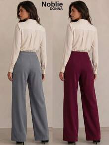 Set Of 2 Tailored Wide Leg High-Waisted Palazzo Pants, Elegant, With Front Button - 1 灰燼 1 酒 - 查看 2