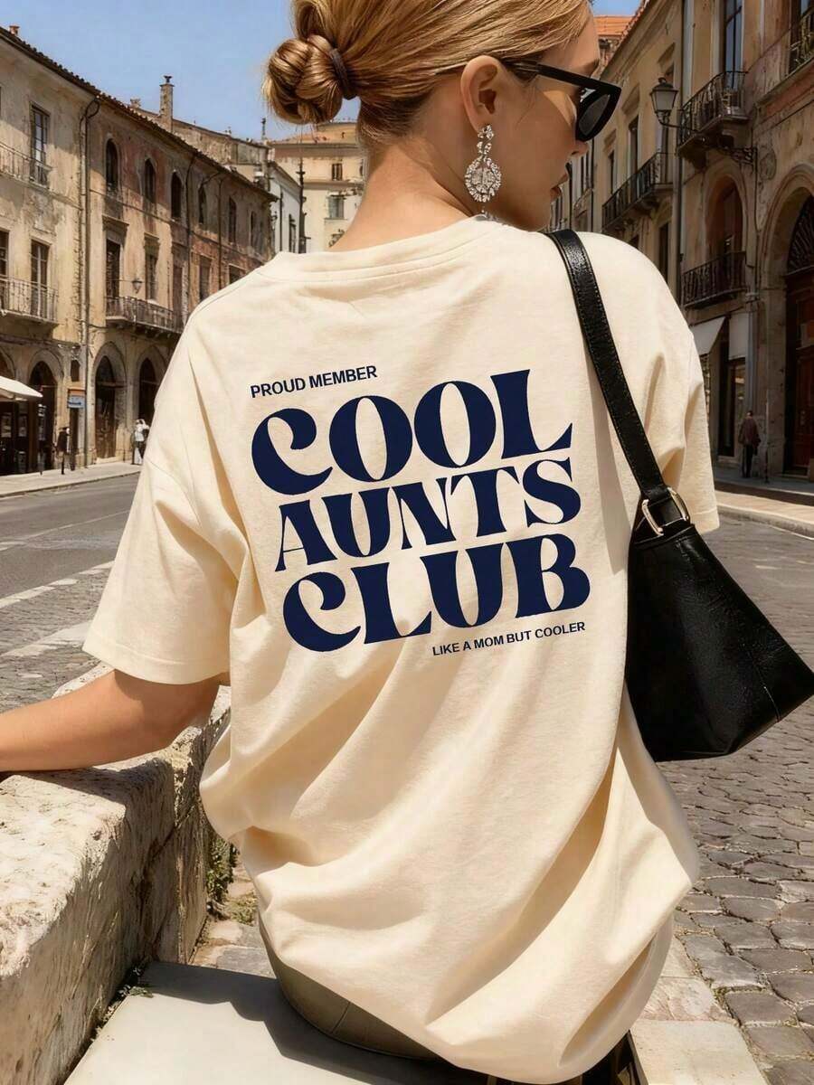 Women's Casual T-Shirt With "Cool Aunt Club" Slogan Print, Loose Fit, Short Sleeve, Ideal For Family Gatherings, Brunch With Friends And Everyday Summer Urban Style - 杏子 2 - 查看 1