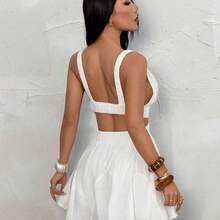 PETITE White Chiffon V-Neck Backless Tie Strap Mini Dress, White Dress, Graduation Dress, Vacation Dress, Spring/Summer ,Summer Dress - Blanco - Ver 3