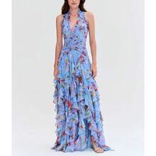 Vestido Largo Estilo Chic con Estampado, Volantes y Cintas, Fiesta Elegante - Azul - Ver 7