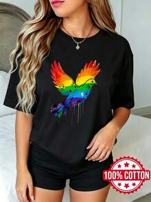 Camiseta negra de manga corta con cuello redondo y estampado para dama, verano Diseño de Arte de Pájaro Arcoíris Impreso S-3XL moda 100% aodón material - Negro - Ver 2