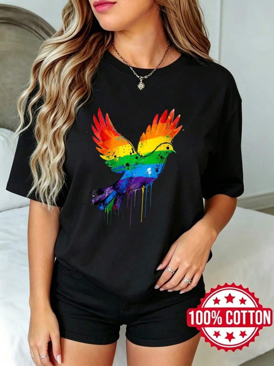 Camiseta negra de manga corta con cuello redondo y estampado para dama, verano Diseño de Arte de Pájaro Arcoíris Impreso S-3XL moda 100% aodón material