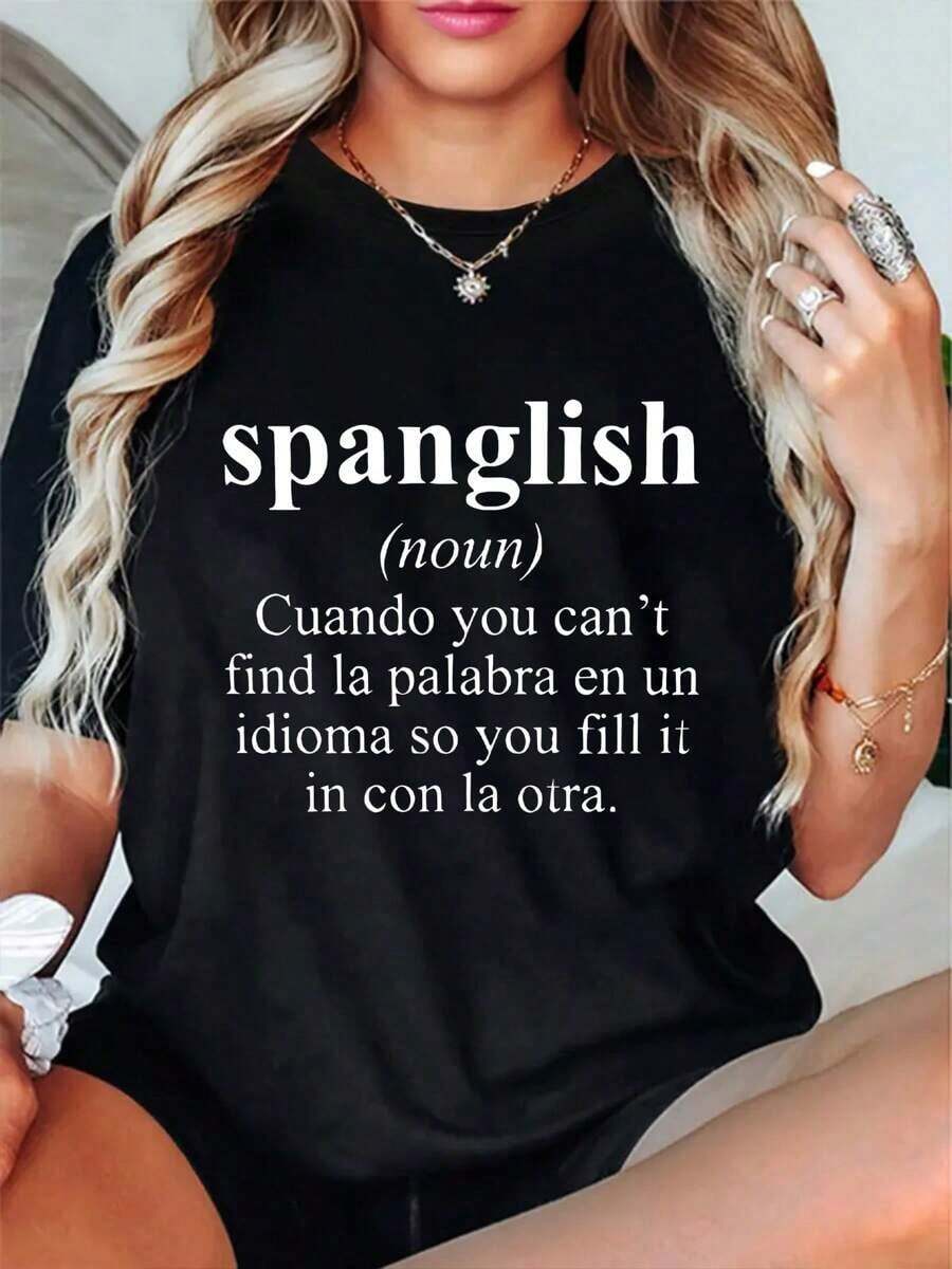 Camiseta Gráfica Spanglish - Camiseta Casual de Cuello Redondo con Ligera Elasticidad para Mujer - Top de Manga Corta de Tejido de Punto para Todas las Temporadas - Negro - Ver 1