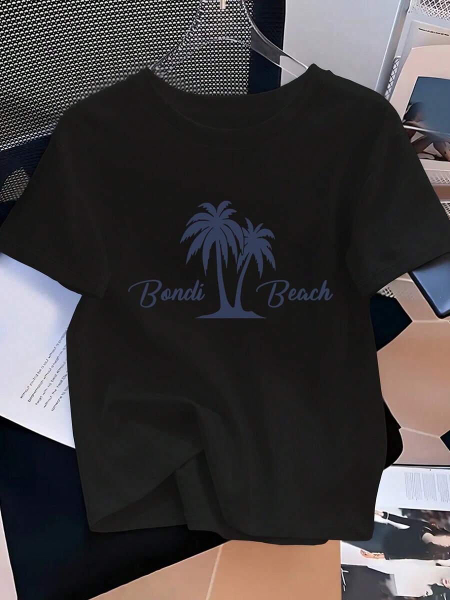 Camiseta de mujer con estampado de palmeras y la playa de Bondi, top de verano de manga corta. - Negro - Ver 1
