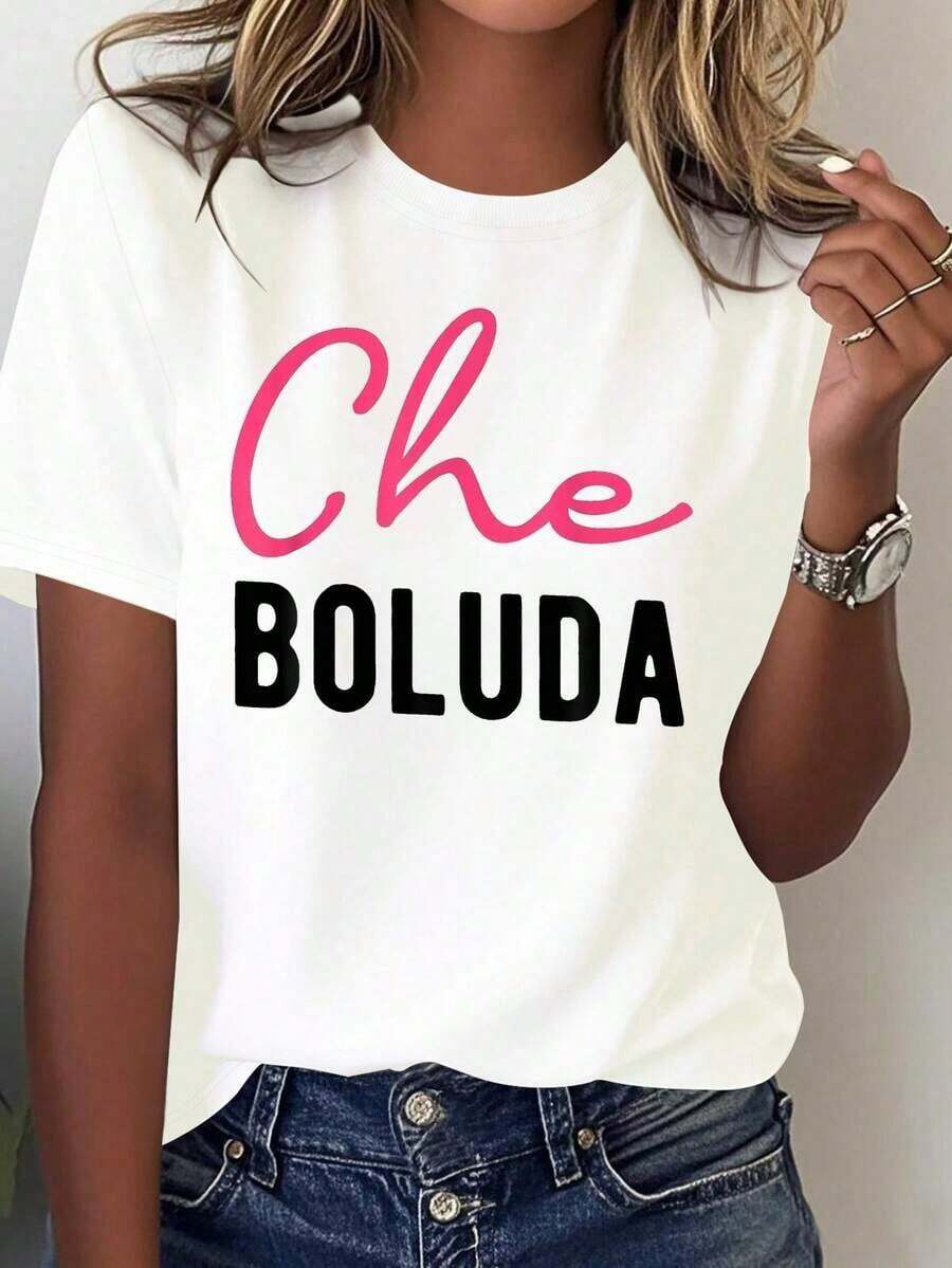 Summer T-Shirts With Prints, Argentine Street Slang "Che Boludo", Women's Printed T-Shirt, Comfortable And Versatile, Casual Short-Sleeved, 100% Cotton. Women's Short-Sleeved T-Shirt, Basic Style That Goes With Everything, For Indoor And Outdoor Wear. - 白色的 - 查看 1