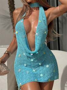 Swim  Vestido mini ajustado con diseño de bufanda de punto y espalda descubierta con lentejuelas, vestido sexy para vacaciones - Celeste - Ver 6