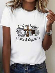Camiseta de Mujer con Estampado de Pascua a la Moda, Diseño Único, Cuello Redondo Casual, Mangas Cortas, Adecuada para Uso Diario (71) 100% algodón - Blanco - Ver 1