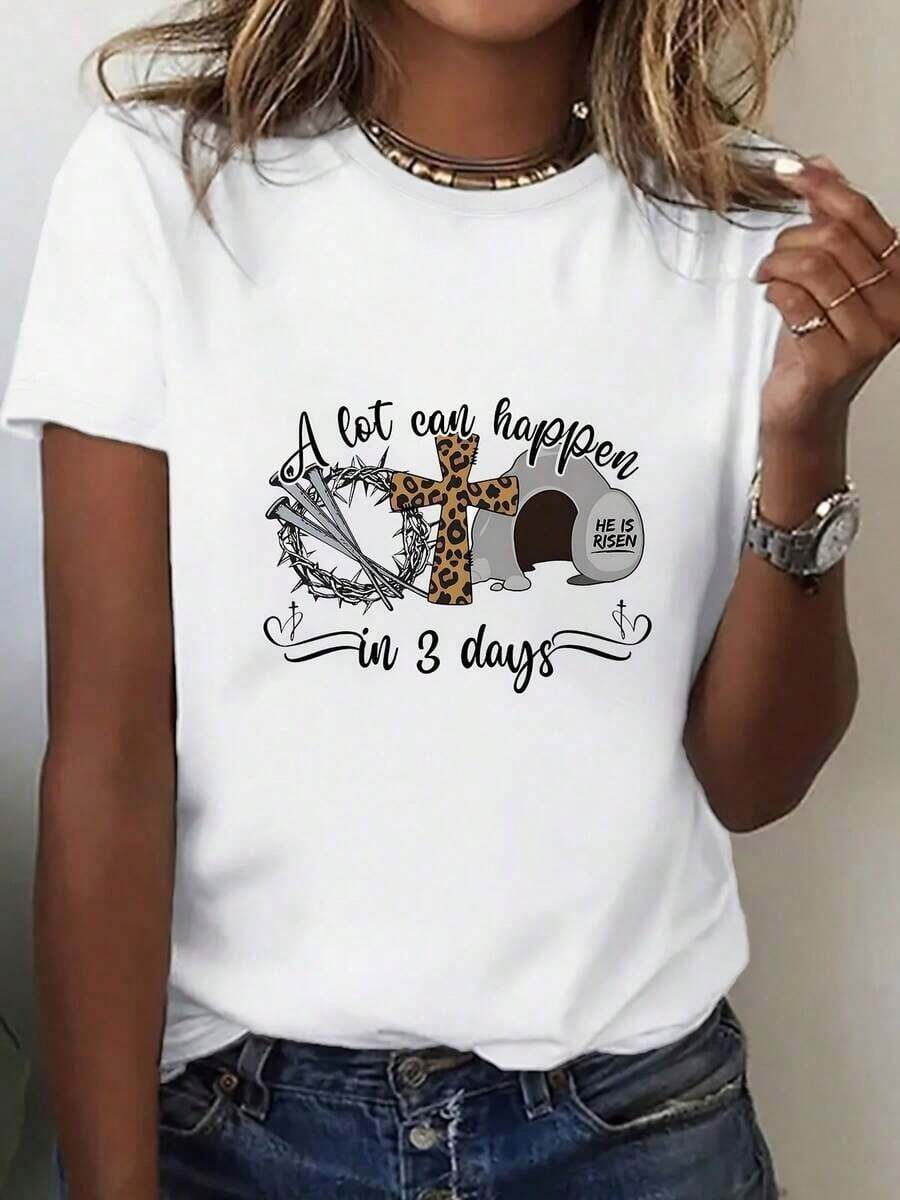 Camiseta de Mujer con Estampado de Pascua a la Moda, Diseño Único, Cuello Redondo Casual, Mangas Cortas, Adecuada para Uso Diario (71) 100% algodón - Blanco - Ver 1