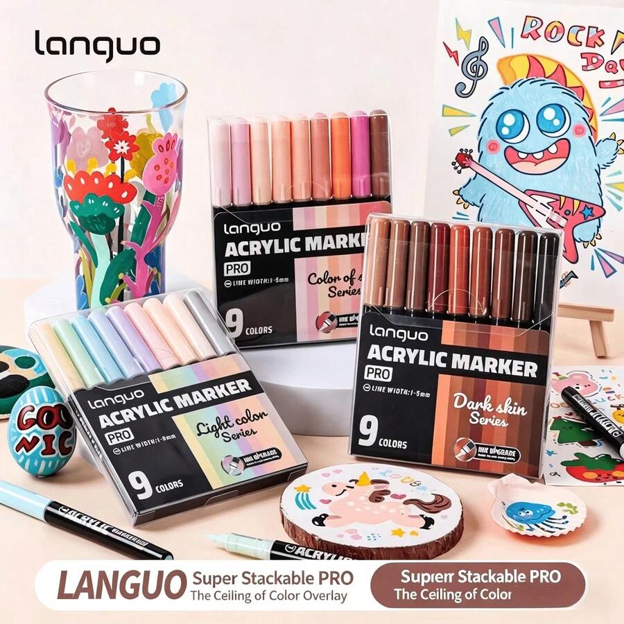 Languo 27色壓克力麥克筆套裝，1-5mm軟刷頭，大容量墨水可雙層疊色，快乾防水高遮蓋力，適用多種表面藝術繪畫上色勾線，開學季藝術用品