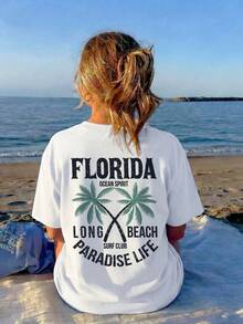 Camiseta Casual Blanca para Mujer con Estampado de Palmeras de Florida Paradise Life, Cuello Redondo, Hombros Caídos, Manga Corta, Corte Regular KB1N - Blanco - Ver 1
