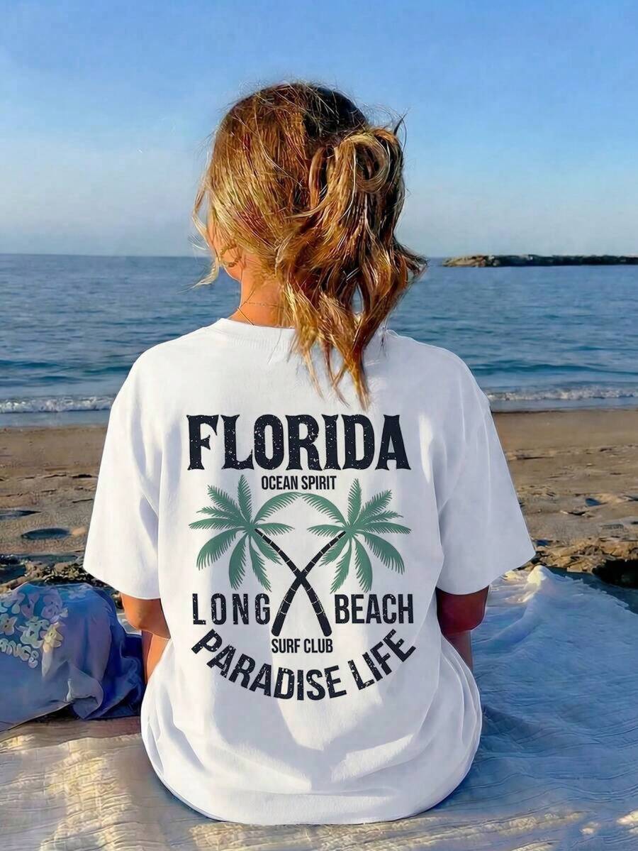 Camiseta Casual Blanca para Mujer con Estampado de Palmeras de Florida Paradise Life, Cuello Redondo, Hombros Caídos, Manga Corta, Corte Regular KB1N - Blanco - Ver 1