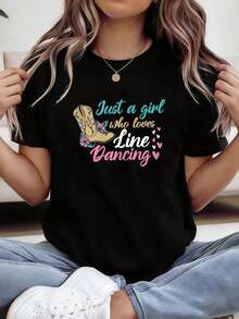 Para los amantes del baile en línea, una camiseta estampada de manga corta y cuello redondo para primavera y verano, perfecta para salidas informales, regalos navideños, reuniones con amigos, fiestas de música y atuendos de vacaciones. - Negro - Ver 9