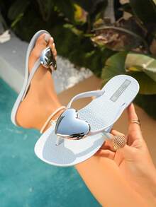 1Pair Women's Heart Decor Flip Flops, Summer Beach Slippers For Vacation, Beach And Travel - Màu xanh lam - Xem 3