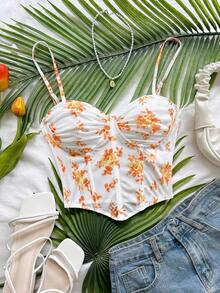 Top de camisola de malla con estampado floral vintage romántico para mujeres, adecuado para vacaciones, citas, té de la tarde, vacaciones, festivales de música, estilo bohemio, primavera/verano - Naranja - Ver 8