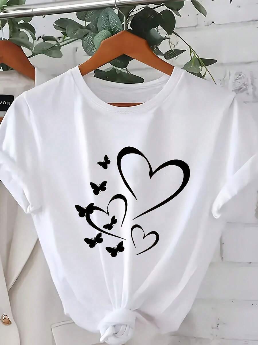 Large - Hearts And Butterflies Print T-Shirt, Women's Graphic Tee, Plus Size Women's Clothing - Machine Washable, Adorable Animal Print, Fun Letter Print, Streetwear Style, Summer Outdoor Or Everyday Wear, Daily Wear For Sweet Girls Or Students, Cool And Sweat-Free Summer Clothes - 白色 - 查看 1