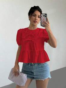 Blusa con volantes y mangas abullonadas con lazo en la parte delantera - Rojo - Ver 1