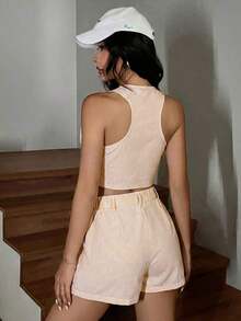 Conjunto de chaleco sin mangas y pantalones cortos a rayas azul y blanco, apto para primavera/verano y otoño/invierno - Amarillo - Ver 2