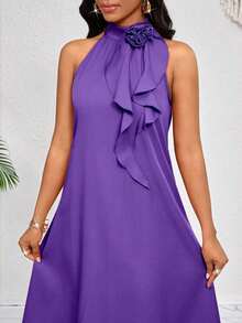 Lady Vestido de longitud media naranja con decoración de volantes florales tridimensionales en el cuello.Elegante y holgado para damas.Ideal para vacaciones de primavera y verano.Estilo bohemio. - Morado - Ver 7