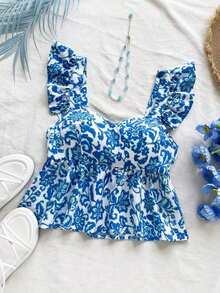 Camisa de mujer de manga corta para vacaciones de primavera/verano, de tela texturizada, adecuada para festival de música, estilo bohemio, citas de vacaciones, tarde de té - Azul y blanco 2 - Ver 3