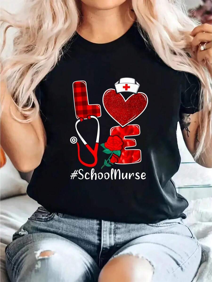Camiseta de Talla Grande para Mujeres - Día de San Valentín y Agradecimiento a Enfermeras - Estampado de Corazón, Estetoscopio, Cruz Roja y Diseño de Corazón